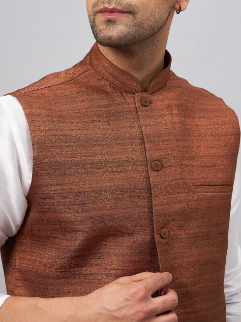 Vastramay Men's Coffee Matka Silk Nehru Jacket With White Silk Blend Kurta Pyjama Set